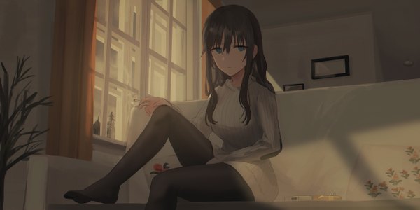Anime picture 2500x1250 with strike witches elizabeth f beurling chihuri single long hair looking at viewer fringe highres breasts blue eyes black hair hair between eyes wide image sitting holding bent knee (knees) indoors long sleeves sunlight shadow