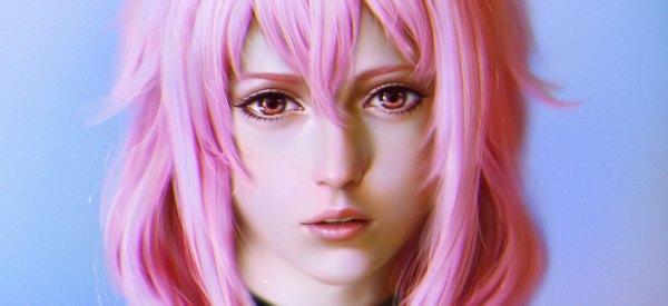 Anime picture 1282x589 with guilty crown production i.g yuzuriha inori bita (vaderc) single looking at viewer fringe red eyes wide image pink hair parted lips lips realistic teeth close-up girl