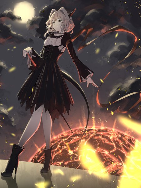 Anime picture 2625x3500 with arknights talulah (arknights) hidulume single tall image fringe highres short hair hair between eyes looking away full body tail horn (horns) grey hair from below high heels girl dress shoes moon