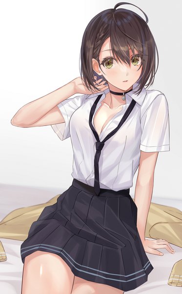 Anime picture 1150x1850 with azur lane baltimore (azur lane) baltimore (after-school ace) (azur lane) mexif single tall image fringe short hair breasts light erotic hair between eyes brown hair sitting yellow eyes cleavage ahoge pleated skirt arm support short sleeves official alternate costume