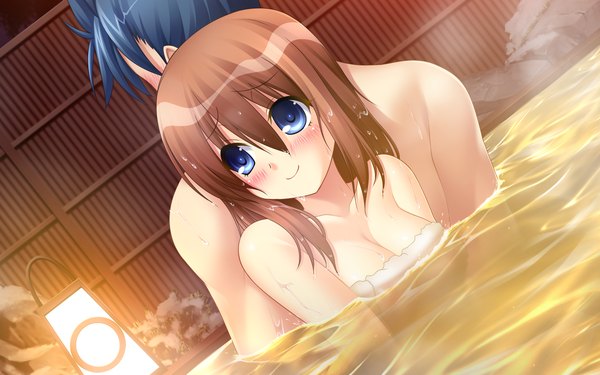 Anime picture 1920x1200 with chu x chu idol chu x chu idol 2 ushiyama saki akifumi ozawa blush highres short hair blue eyes light erotic smile brown hair wide image game cg back to back girl boy water