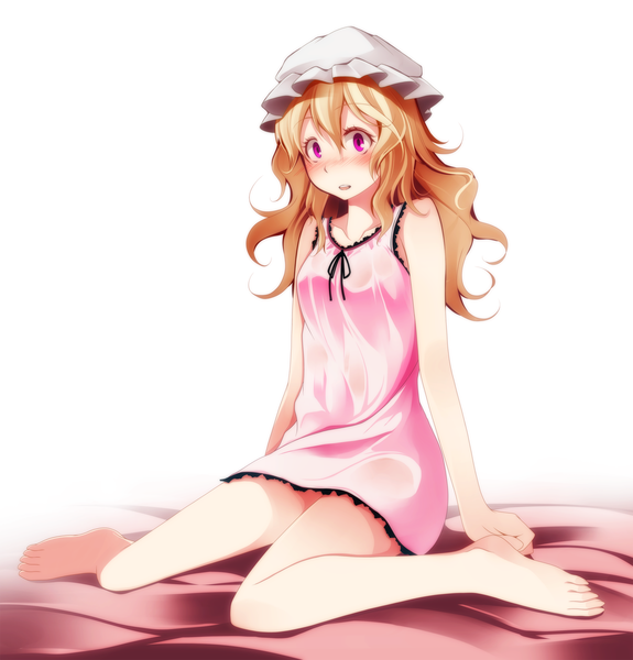 Anime picture 2394x2500 with touhou maribel hearn s-syogo single long hair tall image blush highres open mouth blonde hair white background purple eyes barefoot girl bonnet