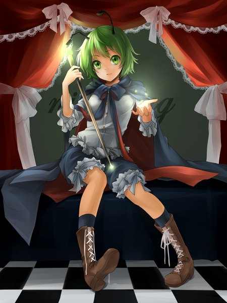 Anime picture 1600x2133 with touhou wriggle nightbug nanairo single tall image short hair green eyes green hair magic checkered floor insect girl girl boots curtains cloak staff