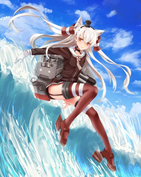 Anime picture 1280x1600 with kantai collection amatsukaze destroyer rensouhou-kun lasts single long hair tall image sky cloud (clouds) white hair orange eyes two side up girl thighhighs hair ornament weapon hat water hair tubes sailor suit