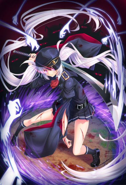 Anime picture 3001x4380 with original tonchan tall image looking at viewer blush highres standing twintails purple eyes payot absurdres full body white hair ponytail very long hair pleated skirt from above wide sleeves leaning leaning forward