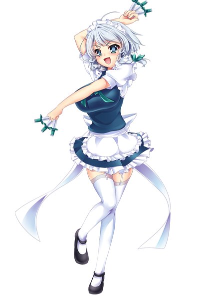 Anime picture 1000x1412 with touhou izayoi sakuya kuru2pantu single tall image looking at viewer blush short hair open mouth blue eyes simple background white background white hair braid (braids) maid twin braids girl thighhighs bow hair bow