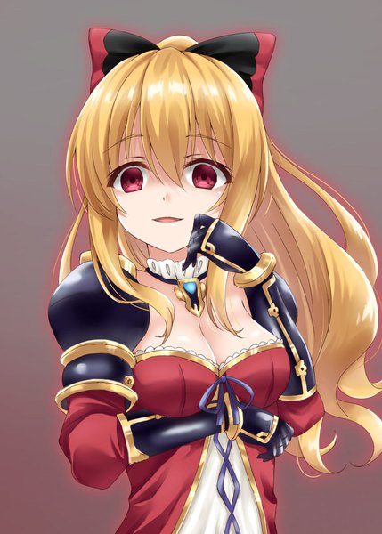 Anime picture 713x998 with granblue fantasy vira lilie hoshino kagari single long hair tall image looking at viewer fringe breasts blonde hair simple background hair between eyes red eyes cleavage upper body grey background breast hold girl bow hair bow