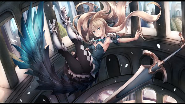 Anime picture 2000x1124 with original snm (sunimi) single long hair looking at viewer fringe highres breasts open mouth blue eyes blonde hair hair between eyes wide image cleavage wind high heels spread arms falling girl dress