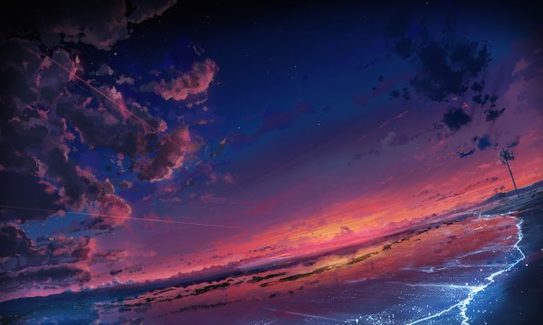 Anime picture 1200x720 with original knyt wide image sky cloud (clouds) beach evening reflection sunset no people landscape scenic red sky twilight sea star (stars)