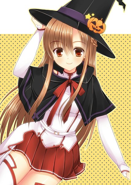 Anime picture 711x1000 with sword art online a-1 pictures yuuki asuna mukai kiyoharu single long hair tall image looking at viewer smile red eyes brown hair halloween witch girl thighhighs skirt white thighhighs witch hat