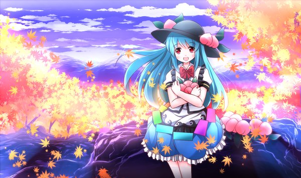 Anime picture 2115x1254 with touhou hinanawi tenshi risutaru single long hair looking at viewer blush fringe highres open mouth hair between eyes red eyes wide image sitting holding payot blue hair sky cloud (clouds) outdoors