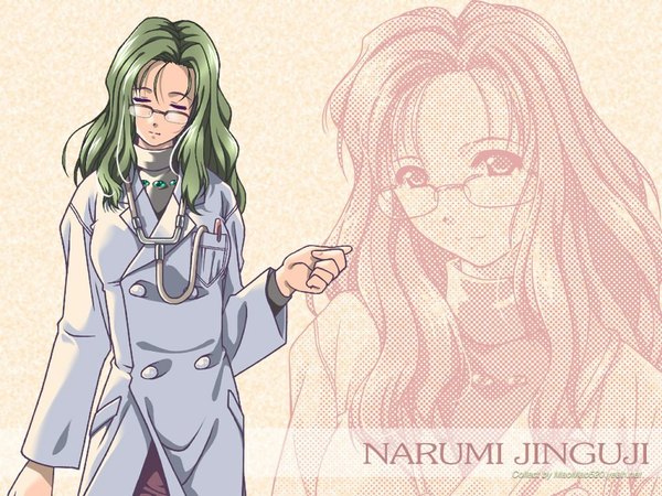 Anime picture 1024x768 with yakin byoutou jinguuji narumi long hair eyes closed green hair wallpaper nurse glasses jewelry necklace turtleneck pen stethoscope