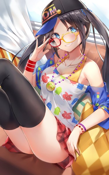 Anime picture 2000x3200 with idolmaster idolmaster shiny colors mitsumine yuika ginn (hzh770121) single long hair tall image looking at viewer blush fringe highres breasts blue eyes light erotic black hair smile large breasts sitting twintails bare shoulders