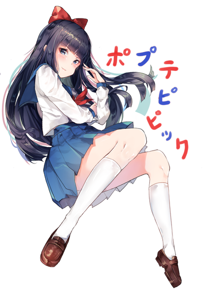 Anime picture 1260x1776 with poptepipic pipimi rokku single long hair tall image looking at viewer blush fringe blue eyes black hair simple background white background blunt bangs copyright name girl uniform bow hair bow socks