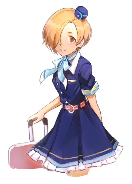 Anime picture 1240x1724 with idolmaster idolmaster cinderella girls idolmaster cinderella girls starlight stage shirasaka koume namunamu (kkyyao) single tall image looking at viewer fringe short hair blonde hair simple background white background brown eyes hair over one eye arm behind back stewardess vast world girl hat