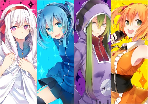 Anime picture 1023x723 with kagerou project shaft (studio) mary (kagerou project) ene (kagerou project) kido tsubomi kisaragi momo ocha_(hutuumikan) long hair looking at viewer blush fringe short hair open mouth blue eyes simple background twintails purple eyes bare shoulders multiple girls holding