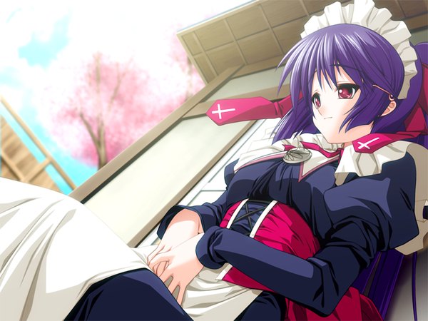 Anime picture 1200x900 with hidamari (game) red eyes game cg purple hair maid girl