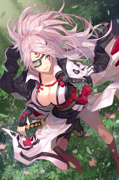 Anime picture 700x1054 with guilty gear baiken lloule single long hair tall image breasts light erotic smile large breasts standing payot looking away pink hair cleavage full body bent knee (knees) outdoors ponytail long sleeves