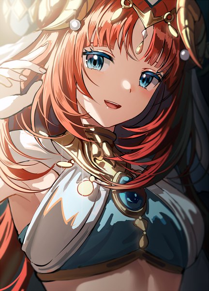 Anime picture 700x973 with genshin impact nilou (genshin impact) silence girl single long hair tall image looking at viewer blush fringe open mouth blue eyes upper body red hair blunt bangs :d arm up horn (horns) armpit (armpits) light girl