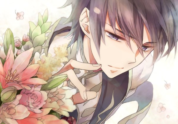 Anime picture 1000x698 with code geass sunrise (studio) lelouch lamperouge shukichi single short hair black hair simple background purple eyes boy flower (flowers) petals
