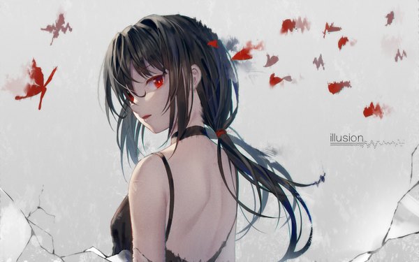 Anime picture 1500x938 with original ji dao ji single long hair looking at viewer fringe breasts open mouth black hair simple background hair between eyes red eyes twintails payot upper body looking back from behind inscription grey background low twintails