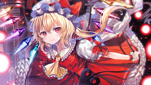 Anime picture 2304x1296 with touhou flandre scarlet abandon ranka single long hair blush fringe highres blonde hair hair between eyes red eyes wide image looking away one side up girl weapon hat wings frills bonnet