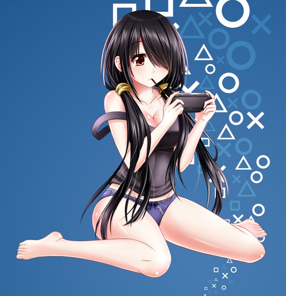Anime picture 1651x1706 with date a live tokisaki kurumi tsubasaki single long hair tall image blush fringe breasts light erotic black hair simple background red eyes large breasts sitting twintails holding looking away cleavage bent knee (knees)