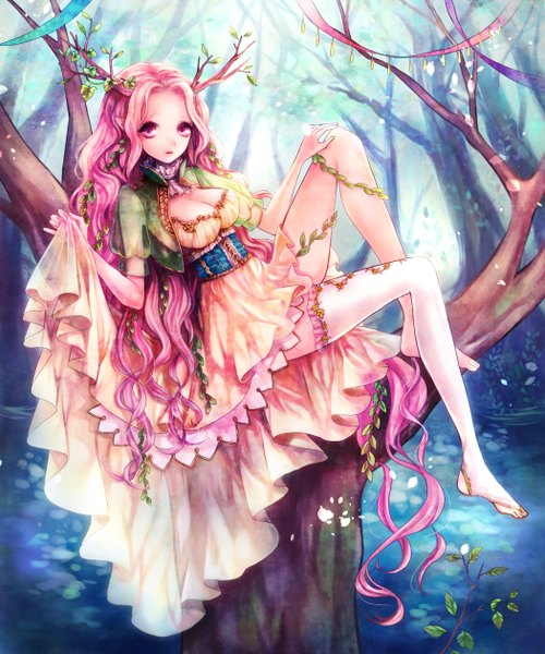 Anime picture 1050x1260 with original clona long hair tall image looking at viewer open mouth light erotic sitting pink hair cleavage pink eyes barefoot horn (horns) lips pointy ears legs tree sitting dress hair ornament plant (plants)