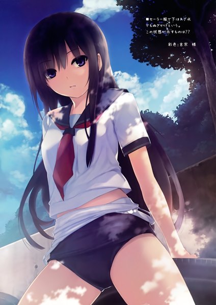 Anime picture 2474x3500 with free friends noesis (studio) shinozaki sumire coffee-kizoku single long hair tall image looking at viewer highres light erotic black hair purple eyes sky cloud (clouds) very long hair scan girl underwear panties plant (plants)