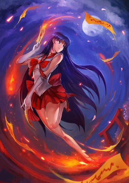 Anime picture 1228x1736 with bishoujo senshi sailor moon toei animation hino rei sailor mars wuguiex single long hair tall image smile purple eyes looking away purple hair cloud (clouds) girl skirt gloves bow elbow gloves white gloves moon