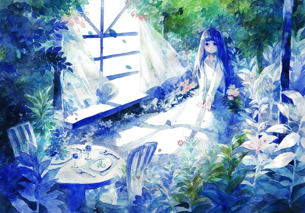 Anime picture 2156x1509 with original yamashiro (heisi-chan) single long hair looking at viewer fringe highres sitting blue hair wind black eyes shadow open collar traditional media watercolor (medium) flower (flowers) plant (plants) shirt petals window