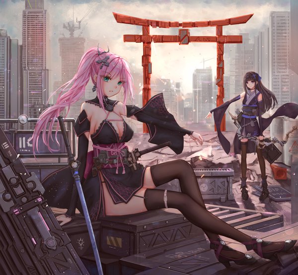 Anime picture 2100x1938 with original yuzuriha (artist) long hair looking at viewer fringe highres breasts light erotic black hair large breasts standing sitting purple eyes multiple girls payot pink hair cleavage full body bent knee (knees) outdoors