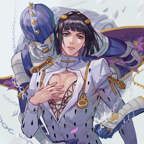 Anime picture 1500x1500 with jojo no kimyou na bouken bruno buccellati sticky fingers (stand) ecsrin single looking at viewer fringe short hair blue eyes black hair upper body blunt bangs parted lips tattoo hand on chest center opening stand (jojo) boy chain zipper