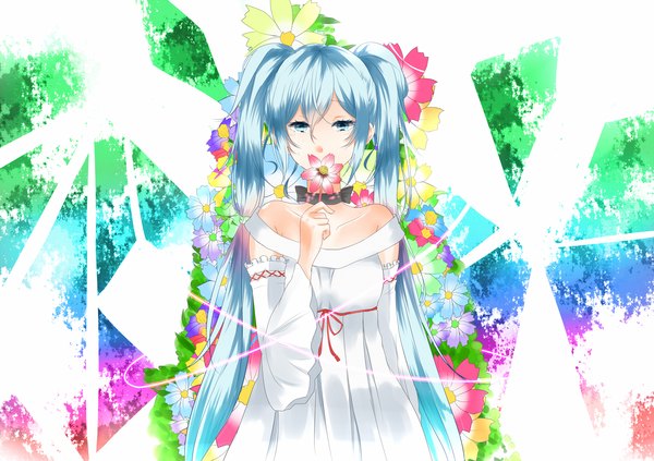 Anime picture 2000x1413 with vocaloid hatsune miku amekawa setsu single looking at viewer highres blue eyes standing bare shoulders blue hair girl dress flower (flowers) detached sleeves choker white dress