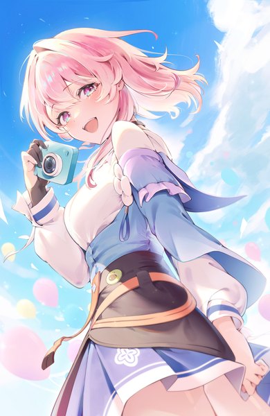 Anime picture 2659x4093 with honkai: star rail honkai (series) march 7th (honkai: star rail) miyato miya single long hair tall image looking at viewer fringe highres open mouth hair between eyes pink hair sky cloud (clouds) outdoors :d from below multicolored eyes girl