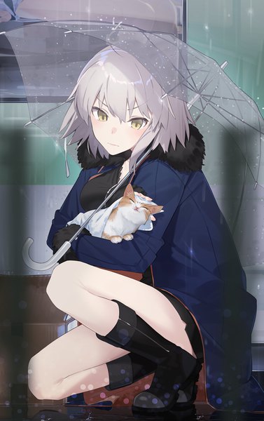 Anime picture 640x1018 with fate (series) fate/grand order fate/apocrypha jeanne d'arc (fate) (all) jeanne d'arc alter (fate) hayashi kewi single tall image blush fringe short hair sitting holding yellow eyes payot full body outdoors grey hair fur trim looking down