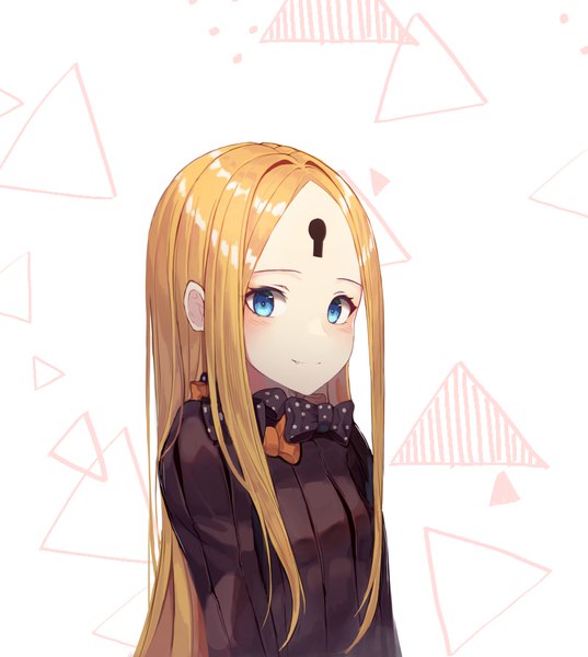 Anime picture 4256x4759 with fate (series) fate/grand order abigail williams (fate) sugar (dndi888) single long hair tall image looking at viewer blush fringe highres blue eyes simple background blonde hair smile white background payot absurdres upper body girl