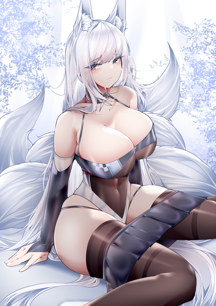 Anime picture 2894x4093 with azur lane shinano (azur lane) shinano (moonlit chrome) (azur lane) samip single tall image looking at viewer blush fringe highres breasts blue eyes light erotic large breasts sitting bare shoulders animal ears cleavage silver hair bent knee (knees)