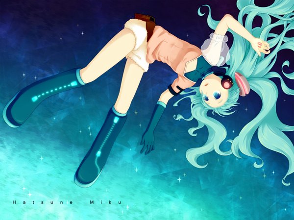Anime picture 1600x1199 with vocaloid hatsune miku hinata (artist) highres aqua hair flat chest weightlessness casual girl gloves shorts boots headphones
