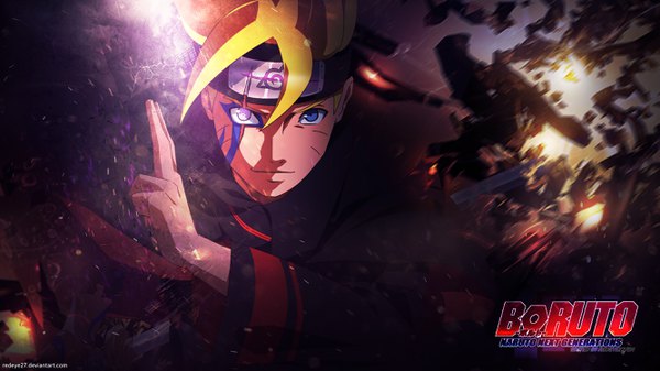 Anime picture 2667x1500 with naruto studio pierrot naruto (series) uzumaki boruto redeye27 slavo19 single looking at viewer highres short hair blue eyes blonde hair wide image sparkle copyright name facial mark scar fighting stance whisker markings serious