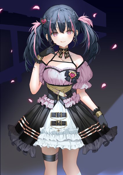 Anime picture 1000x1414 with original lloule single long hair tall image looking at viewer fringe black hair simple background hair between eyes standing twintails bare shoulders payot pink eyes multicolored hair two-tone hair puffy sleeves :q girl