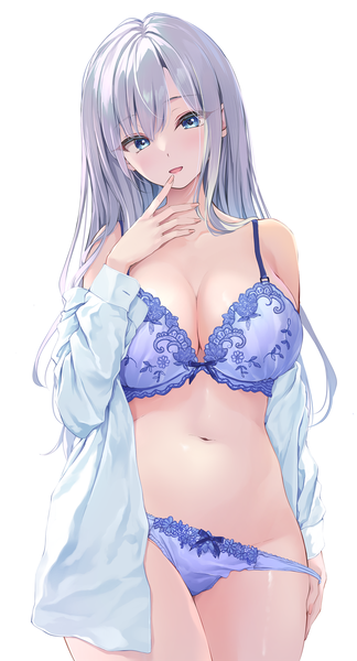 Anime picture 1133x2100 with original pasdar single long hair tall image looking at viewer fringe breasts open mouth blue eyes light erotic simple background hair between eyes large breasts standing white background cleavage silver hair long sleeves :d