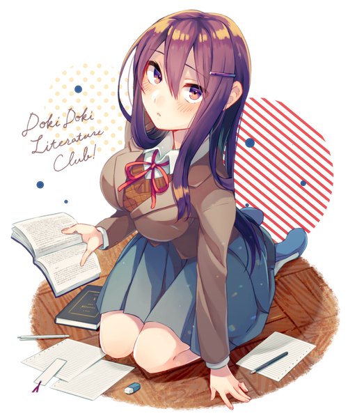 Anime picture 1250x1500 with doki doki literature club yuri (doki doki literature club) shifumame single long hair tall image looking at viewer blush fringe breasts hair between eyes large breasts sitting purple eyes holding payot purple hair full body bent knee (knees) long sleeves