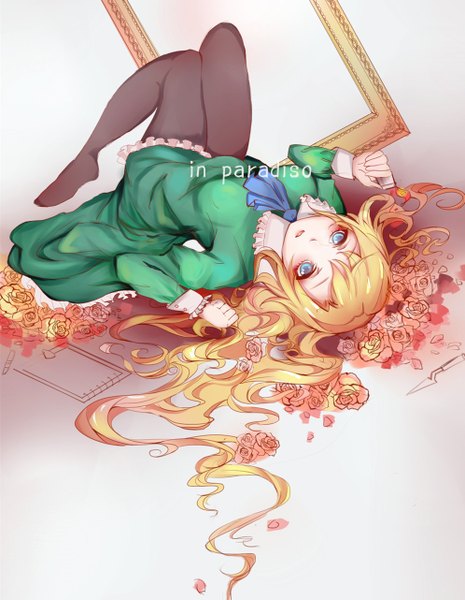 Anime picture 995x1282 with ib (game) mary (ib) himeki single long hair tall image blush blue eyes blonde hair lying no shoes empty picture frame girl dress flower (flowers) pantyhose rose (roses) neckerchief picture frame green dress