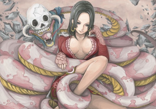 Anime picture 1300x909 with one piece toei animation boa hancock salome (one piece) ripu (vincecarter) long hair breasts blue eyes light erotic black hair smile large breasts cleavage teeth fang (fangs) girl dress earrings skull snake