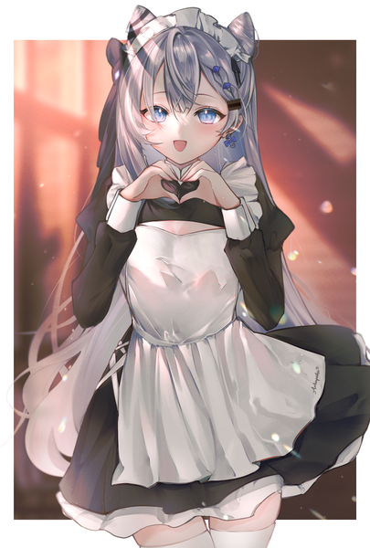 Anime picture 1500x2224 with virtual youtuber hololive hololive indonesia vestia zeta nellku24 single long hair tall image looking at viewer blush fringe open mouth blue eyes smile standing signed indoors blunt bangs long sleeves :d