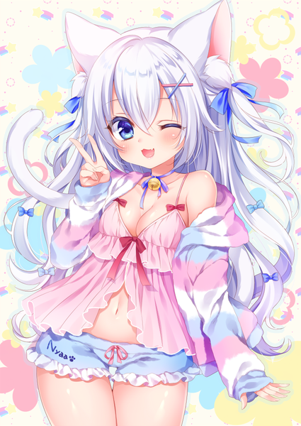 Anime picture 700x988 with original mitsuba choco single long hair tall image looking at viewer blush fringe breasts open mouth blue eyes light erotic hair between eyes animal ears silver hair tail animal tail one eye closed wink cat ears