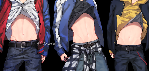 イラスト 1000x479 と ヒプノシスマイク 山田一郎 山田三郎 山田二郎 kota uro light erotic simple background wide image signed open jacket multiple boys bare belly twitter username 鼠蹊部 black background siblings head out of frame shirt lift clothes around waist brothers