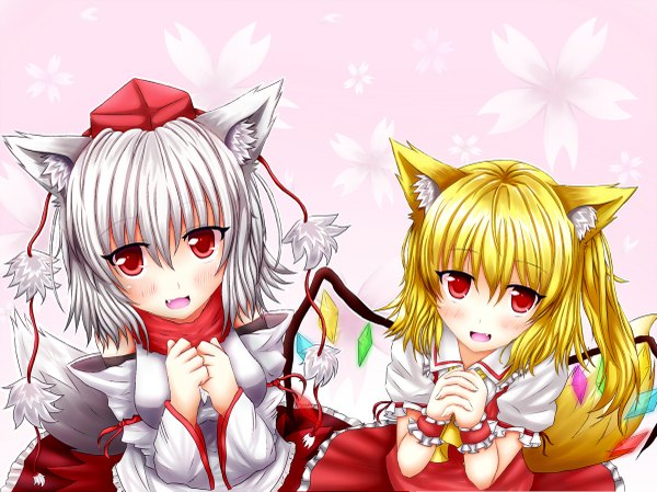 Anime picture 1200x899 with touhou flandre scarlet inubashiri momiji oohirakeisuke (artist) looking at viewer blush short hair open mouth blonde hair red eyes multiple girls animal ears silver hair teeth fang (fangs) girl dress 2 girls detached sleeves wings