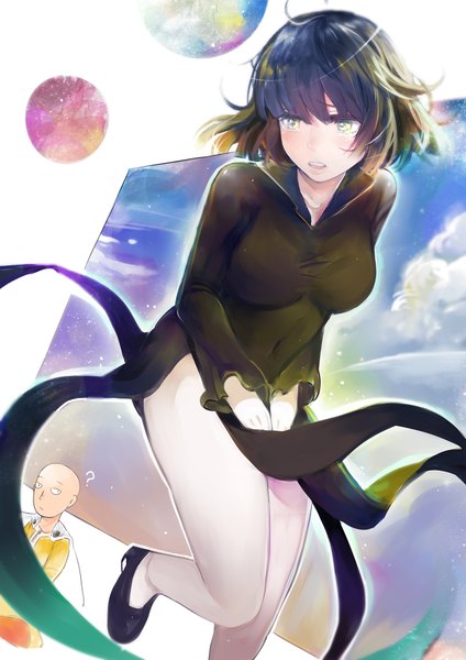 Anime picture 1276x1804 with one-punch man madhouse fubuki (one-punch man) saitama (one-punch man) kyes3654 long hair tall image fringe breasts open mouth light erotic black hair green eyes looking away ahoge bent knee (knees) blunt bangs bare legs alternate costume embarrassed